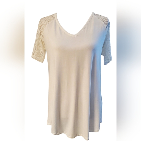 Zenana Signature Cream Lace Short Sleeve Luxe Rayon Tunic Top Womens Size M - Picture 8 of 8